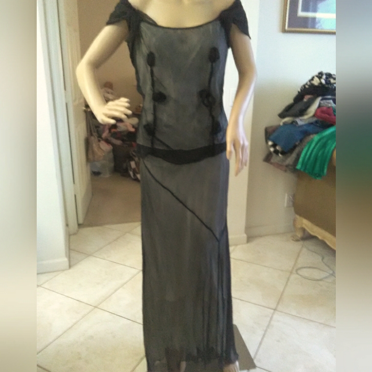 Vintage 100% Silk Maxi Dress Black W/ Cream Slip Sheer Off Shoulder Max Studio
